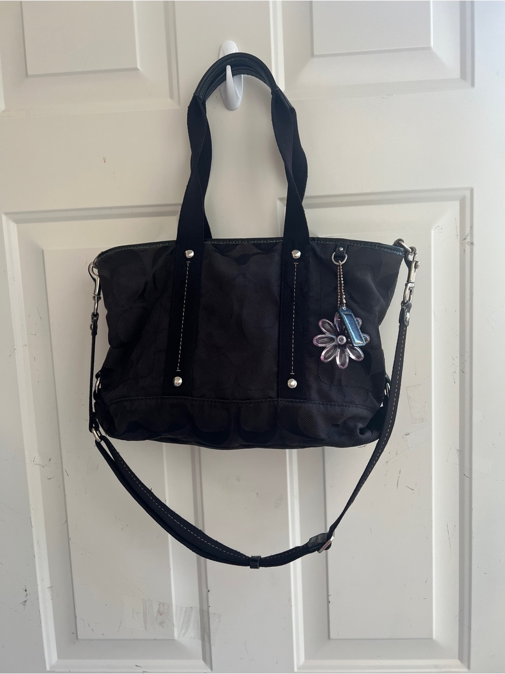 Coach Black Signature Tote with Purple Flower Charm - Picture 3 of 16